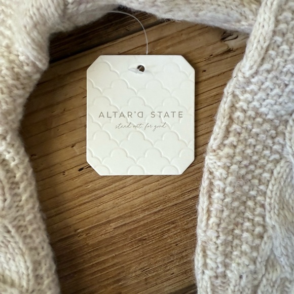 Altar'd State Cream, Oatmeal, Half-Zipped Cable Knit Turtleneck Sweater, Cropped - Picture 6 of 7